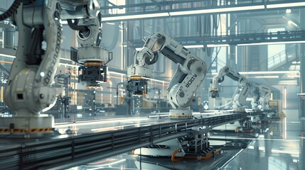 Aufkleber - A modern, high-tech manufacturing plant showcasing robotic arms and automated systems controlled by AI, optimizing production processes. Generative AI