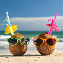 Wall Mural - sunglasses on the beach.beach.Two coconuts with colorful sunglasses and straws on a sandy beach, vibrant ocean in the background.