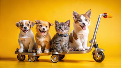  Adorable puppies and kittens ride tiny scooters with joyful expressions on a vibrant yellow background, conveying carefree leisure and playful adventure.