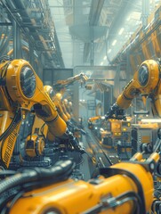 Aufkleber - A futuristic factory with robotic arms and automated systems working efficiently on an assembly line. Generative AI