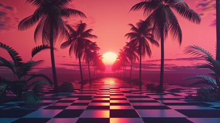 Sunset Glow Over Palm Trees and Checkered Path