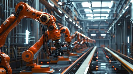 Poster - A row of robotic arms, controlled by AI, work seamlessly in a modern manufacturing plant, showcasing efficient and automated production processes. Generative AI