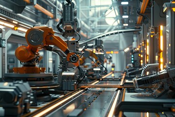 Poster - A futuristic manufacturing plant showcasing advanced robotics and automated systems controlled by AI, optimizing production processes. Generative AI