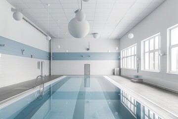 Swimming Pool USSR Interior Design, Minimalist White Color Aesthetic.