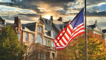 American flag on historic buildings