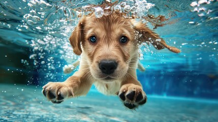 Wall Mural - In this funny underwater picture, puppies are in the swimming pool playing a deep dive action training game with family pets and other popular breeds of dogs during summer holidays.