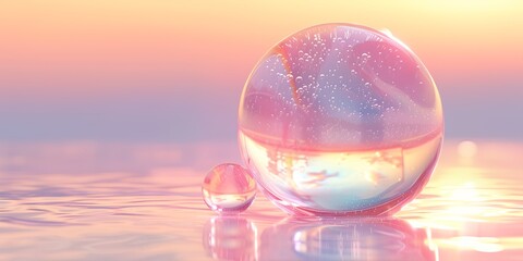 Wall Mural - A large, clear, pink sphere sits in a body of water