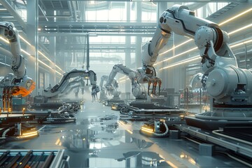 Aufkleber - A clean, modern industrial facility with multiple robotic arms performing automated tasks, demonstrating advanced manufacturing technology. Generative AI