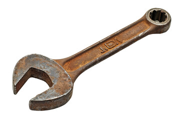 Rusty wrench used for mechanical work and repairs, showing signs of wear and aged metal on white background.