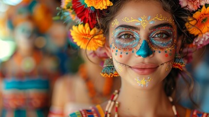 portrait of a beautiful smiling young woman with makeup on her face for the Day of the Dead celebration and carnival costume.