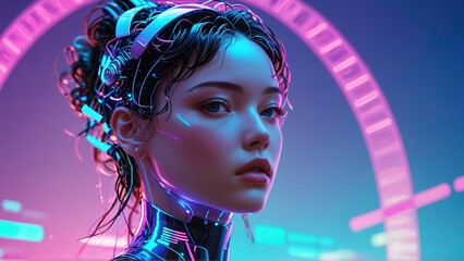 Sticker - Cyborg Woman with Neon Lights.