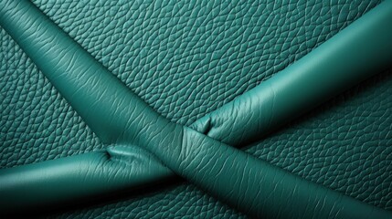 Realistic photo of turquoise leather surface with pentagon-shaped seam, in black color 