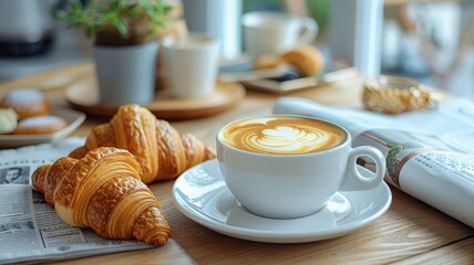 Cozy breakfast scene with a cup of cappuccino, croissants, and a newspaper on a wooden table, perfect for a relaxed morning.