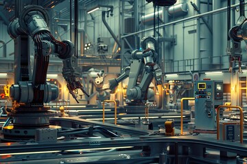 Aufkleber - A modern, clean, and efficient manufacturing plant featuring robotic arms and automated systems controlled by AI to optimize production processes. Generative AI