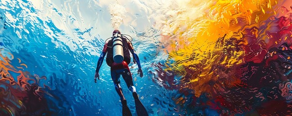 A diver swims through colorful, abstract underwater scene.