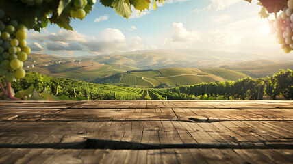 Top of a vintage wooden table with a picturesque vineyard in the background, showcasing rolling hills and grapevines under a bright blue sky. Suitable for a wine or gourmet product display.