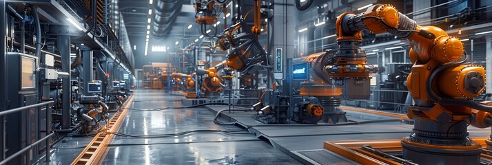 Aufkleber - A modern manufacturing plant uses robotic arms and AI to optimize production processes, showcasing cutting-edge technology in a clean environment. Generative AI