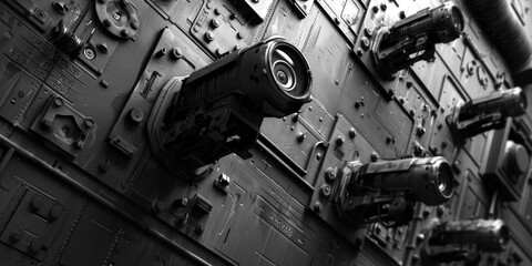 Poster - A close-up view of a control panel in black and white