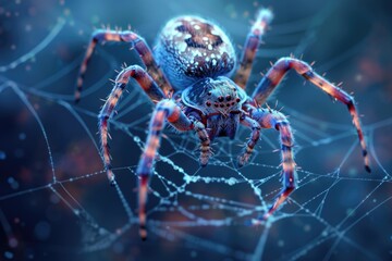 A close-up shot of a spider sitting on top of its intricate web, highlighting the spider's tiny details and the web's delicate patterns
