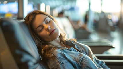 woman relaxing and sleeping while waiting in airport transit lounge