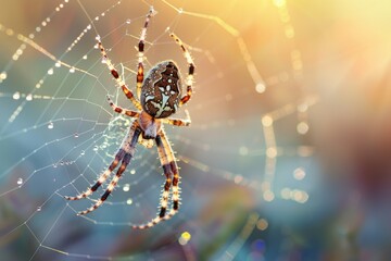 A close-up view of a spider sitting on its intricate web, surrounded by dew drops