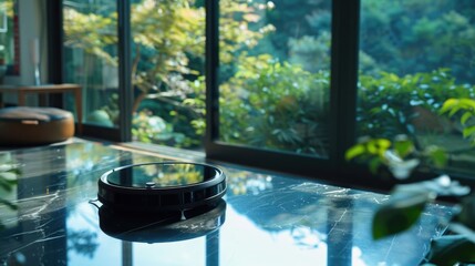 Poster - a robot sitting on a glass table in a room