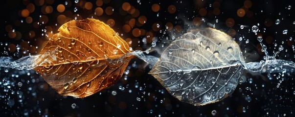 3D art depicting two leaves made from water with intricate details and droplets