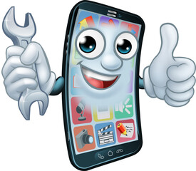 Canvas Print - A mobile phone repair service or perhaps plumber or mechanic app cartoon character mascot holding spanner and giving a thumbs up.