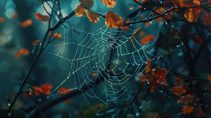 A close-up shot of a spider web covered in water droplets, emphasizing the intricate details and texture