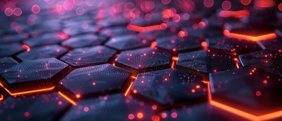 Wall Mural - Abstract Hexagon Pattern with Glowing Red Lines and Pink Bokeh.