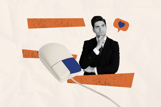 Composite artwork collage image picture of guy think pc mouse like isolated on creative background