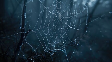 A close-up of a spider web with water droplets glistening on its surface