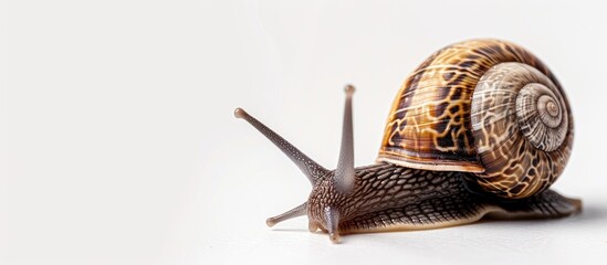 A small brown and white snail is on a white surface