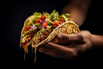 Canvas Print - Man enjoying a Smash Burger Taco with a bite taken out, focus on the taco, dark background