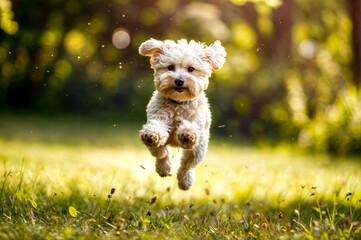 Small white dog jumping in the air in field of green grass.
