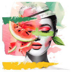 Sticker - An abstract and colorful portrait of a woman with watermelon slices and bold artistic elements, capturing a lively and creative summer vibe.