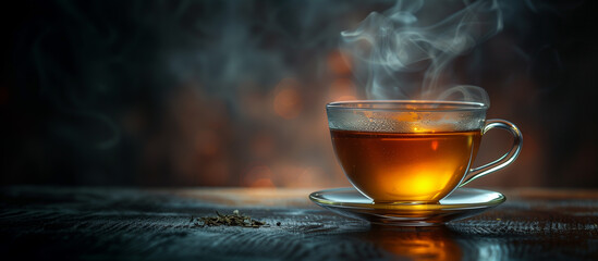 Cup of hot tea on a dark background. 