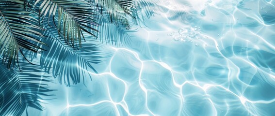 Wall Mural - Close-up shadows of palm fronds on the water, blurred backgrounds and banners containing areas of replicated space. Soft blue style for summer concept.