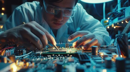 Poster - a person is focused on assembling or repairing an electronic circuit board in a workshop or laborato