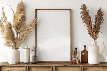 Wall Mural - A picture frame sits atop a wooden shelf, simple and elegant decoration for any room