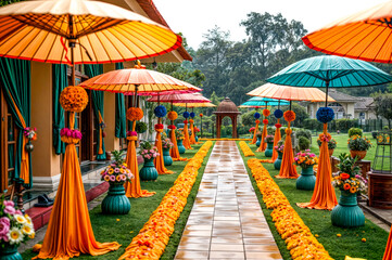 Walkway lined with orange and blue umbrellas next to lush green field.