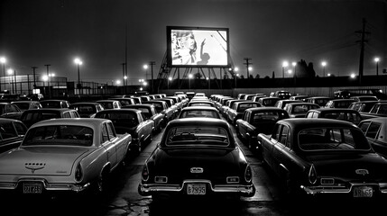 Parking lot full of old cars and movie screen in the background.