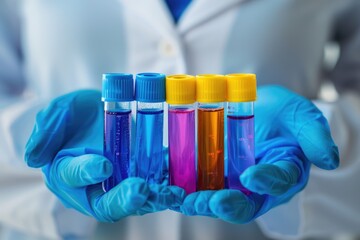 Poster - a scientist holds three vials in a laboratory setting, likely conducting an experiment or testing sa