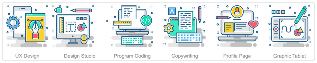 A set of 6 Business icons as ux design, design studio, program coding
