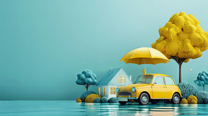 Assurance and insurance for car, real estate, property, travel, finances, health, family, and life. Yellow and blue illustration.