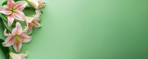 lilies with green leaves on a light green background with copy space