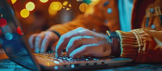 Wall Mural - A man is typing on a laptop computer