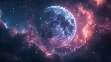 Wall Mural - A dreamy celestial wall background with stars and planets, including a glowing crescent moon and colorful nebulas, vibrant and soft hues of purple, blue, and pink, creating a peaceful 