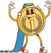 © Vector Tradition - Retro groovy golden medal character. Isolated cartoon vector happy gold trophy personage with y2k hippie retro vibe, rejoice and flashing a peace sign, celebrating achievements in education or sports