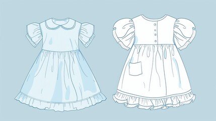 Wall Mural - A flat sketch vector illustration of a baby girls' dress with a Peter Pan collar and gathered puff sleeves, showcasing technical drawing details